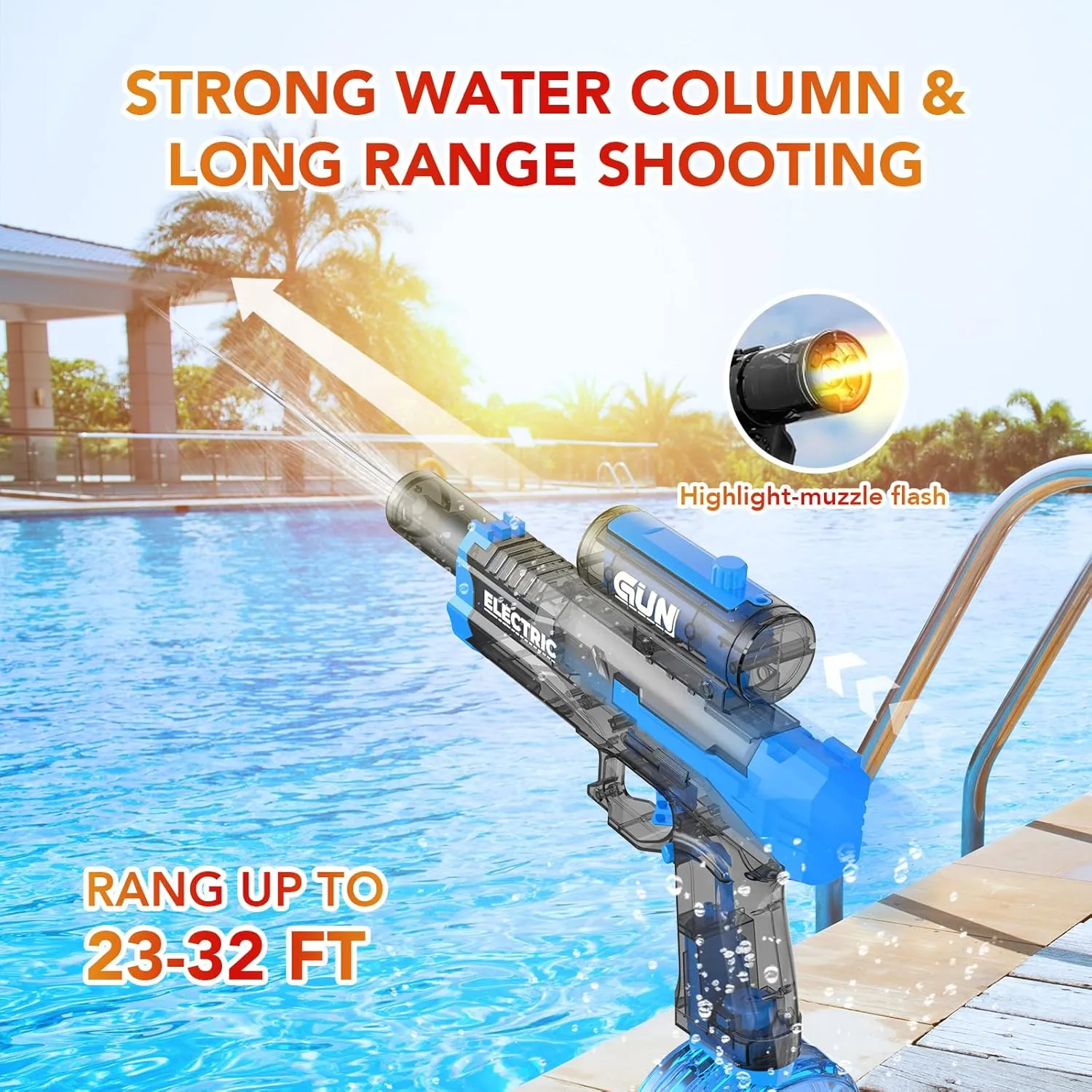 Electric Water Gun With Muzzle Light,Automatic Water Gun Blaster,Squirt Gun Range 23-32 FT,Outdoor Party Backyard Summer Water Shooting Game Toy With 2 Batteries,Ideal Watergun Gift for Kids & Adults.