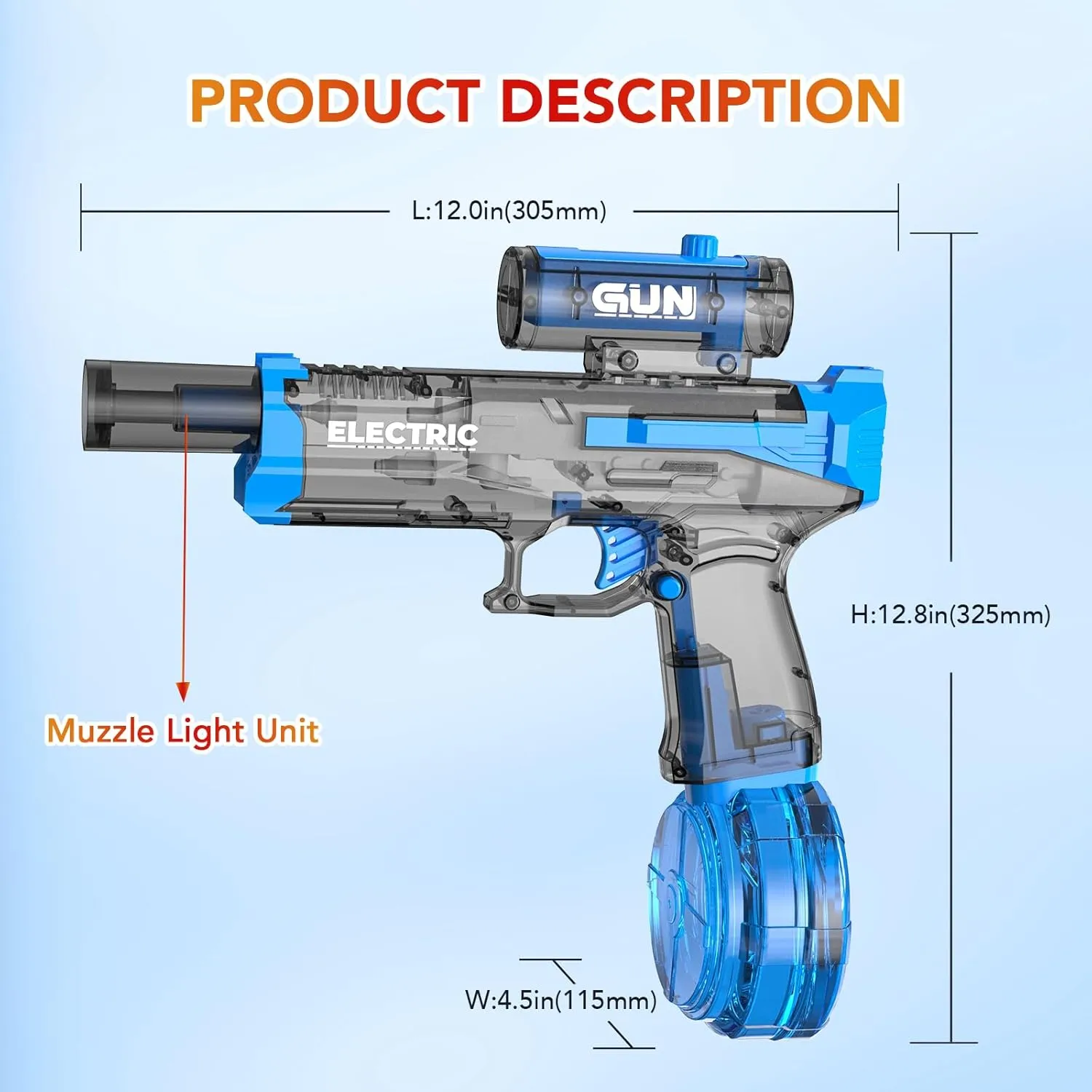 Electric Water Gun With Muzzle Light,Automatic Water Gun Blaster,Squirt Gun Range 23-32 FT,Outdoor Party Backyard Summer Water Shooting Game Toy With 2 Batteries,Ideal Watergun Gift for Kids & Adults.