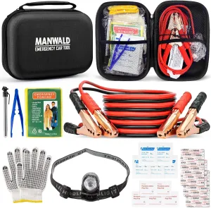 Emergency Car Tool Kit Roadside Assistance Tool Kit, Vehicle Safety Tool with Headlamp, Gloves and Jumper Cable Kit, Essential Car Accessories for Men, Women