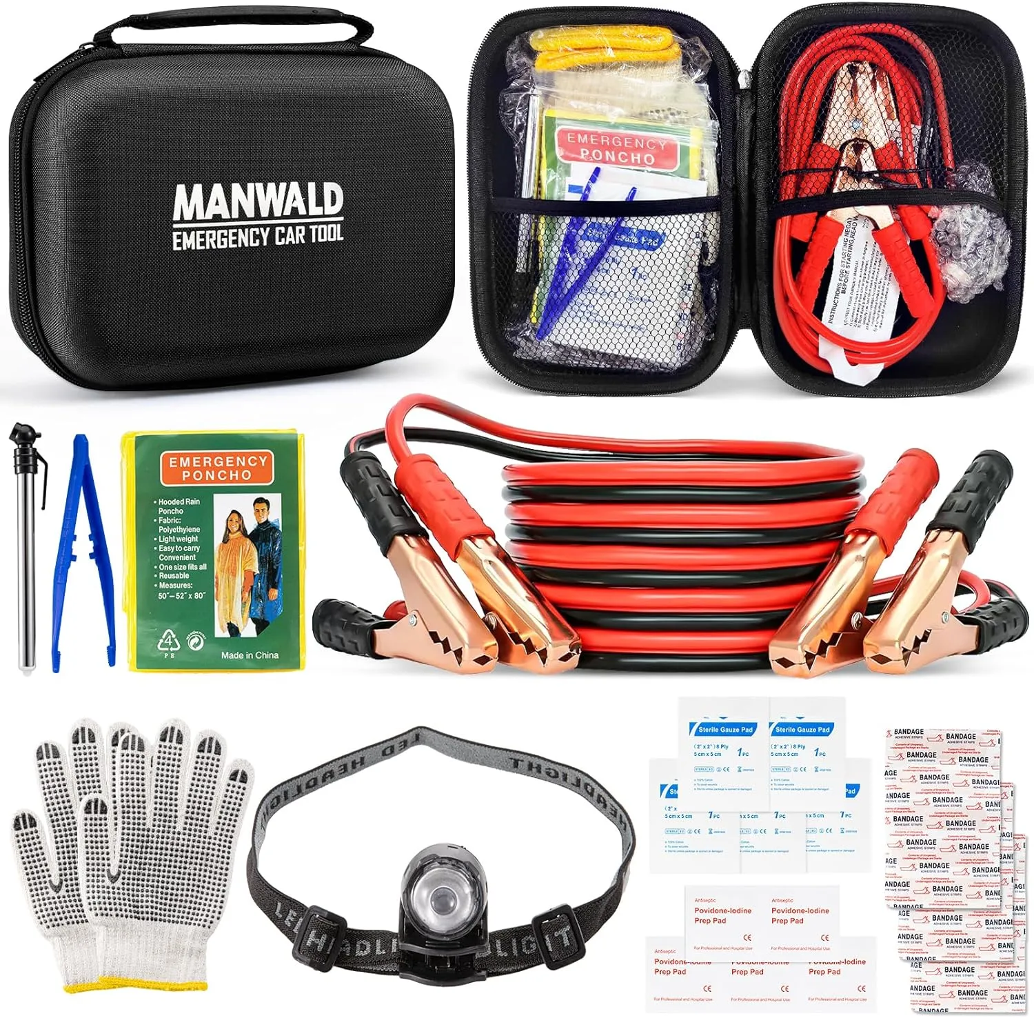 Emergency Car Tool Kit Roadside Assistance Tool Kit, Vehicle Safety Tool with Headlamp, Gloves and Jumper Cable Kit, Essential Car Accessories for Men, Women
