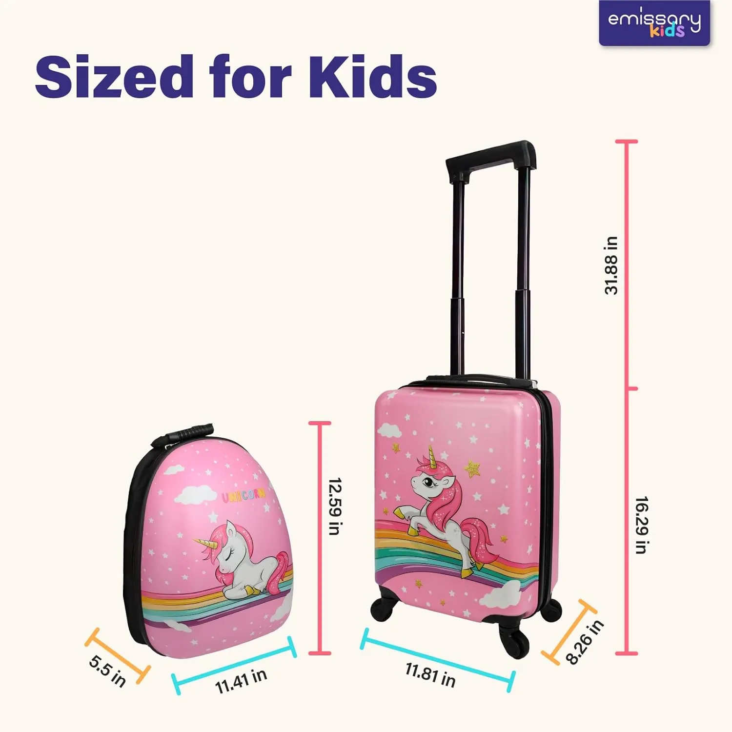 emissary Unicorn Kid’s Luggage Set for girls, 16" Hardside Kids Luggage with Spinner Wheels, Carry on Toddler Suitcase Travel Rolling Luggage Airline Approved