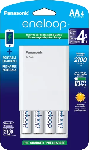 Eneloop Panasonic K-KJ87MCA4BA Individual Battery Charger with Portable Charging Technology and 4AA Rechargeable Batteries, White