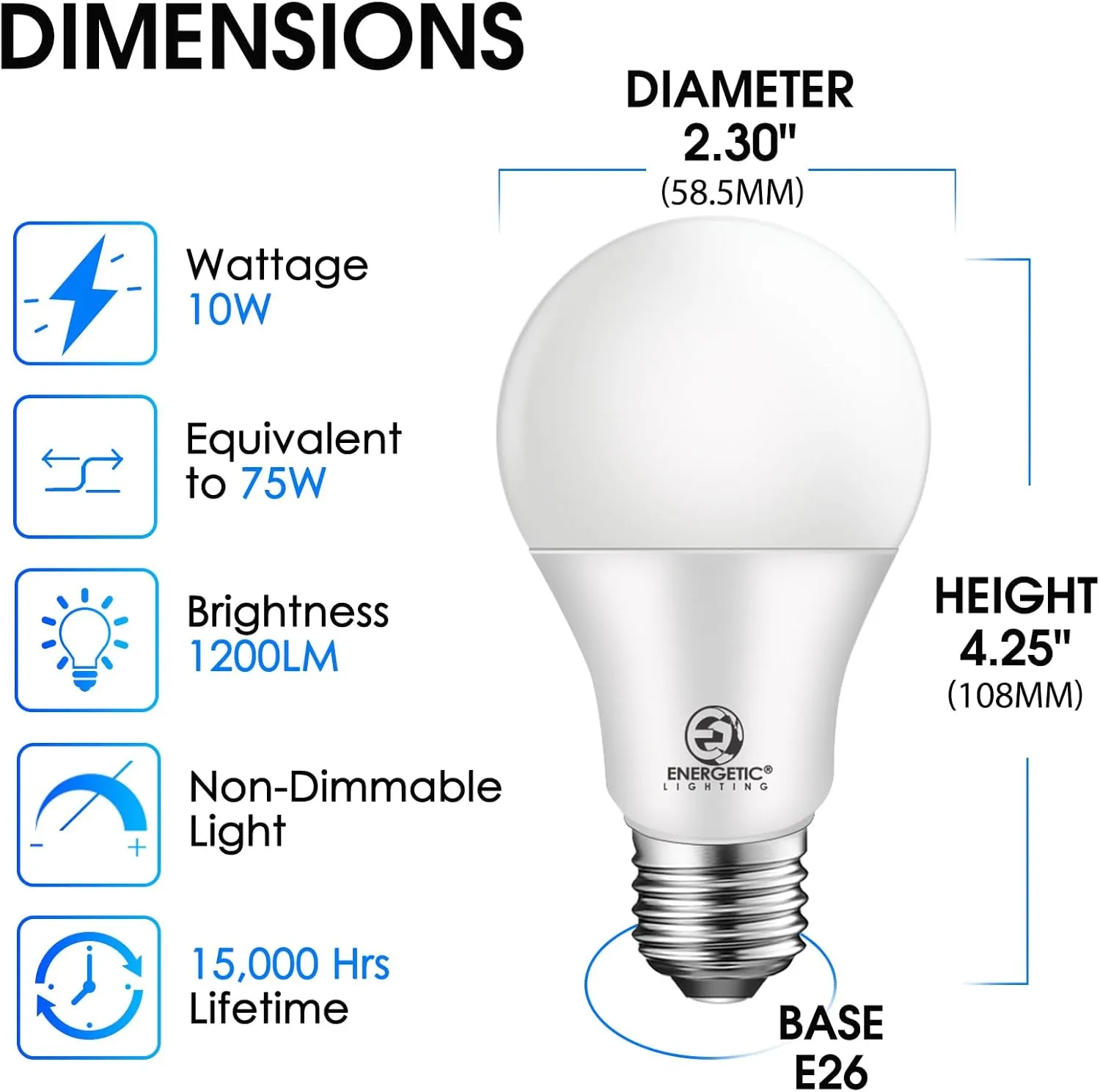 Energetic 75W Equivalent A19 LED Light Bulb, 3000K Warm White, Non-Dimmable LED Light Bulb, 1200lm, UL Listed, E26 Medium Base, 12-Pack