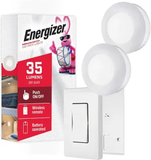 Energizer LED Puck Lights, Wall Switch Remote, 2 Pack, Battery Operated, Under Cabinet Lighting, Wireless Lights, 50 ft Range, Perfect for Kitchen Under Cabinet, Laundry Room, and More, 58822-T1