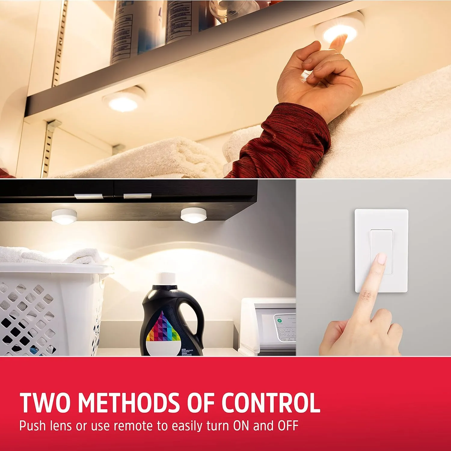 Energizer LED Puck Lights, Wall Switch Remote, 2 Pack, Battery Operated, Under Cabinet Lighting, Wireless Lights, 50 ft Range, Perfect for Kitchen Under Cabinet, Laundry Room, and More, 58822-T1