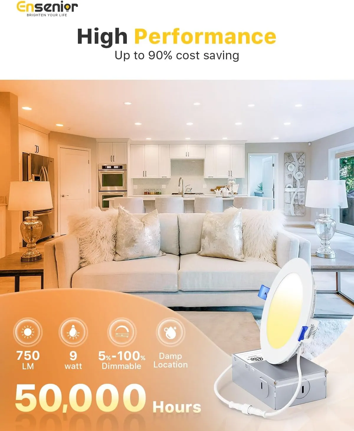 Ensenior 6 Pack 4 Inch LED Recessed Light, Dimmable, 4000K Cool White, 750LM High Brightness, 9W 120V, Damp Rated, Ultra-Thin Canless Wafer Ceiling Light - ETL & FCC & IC