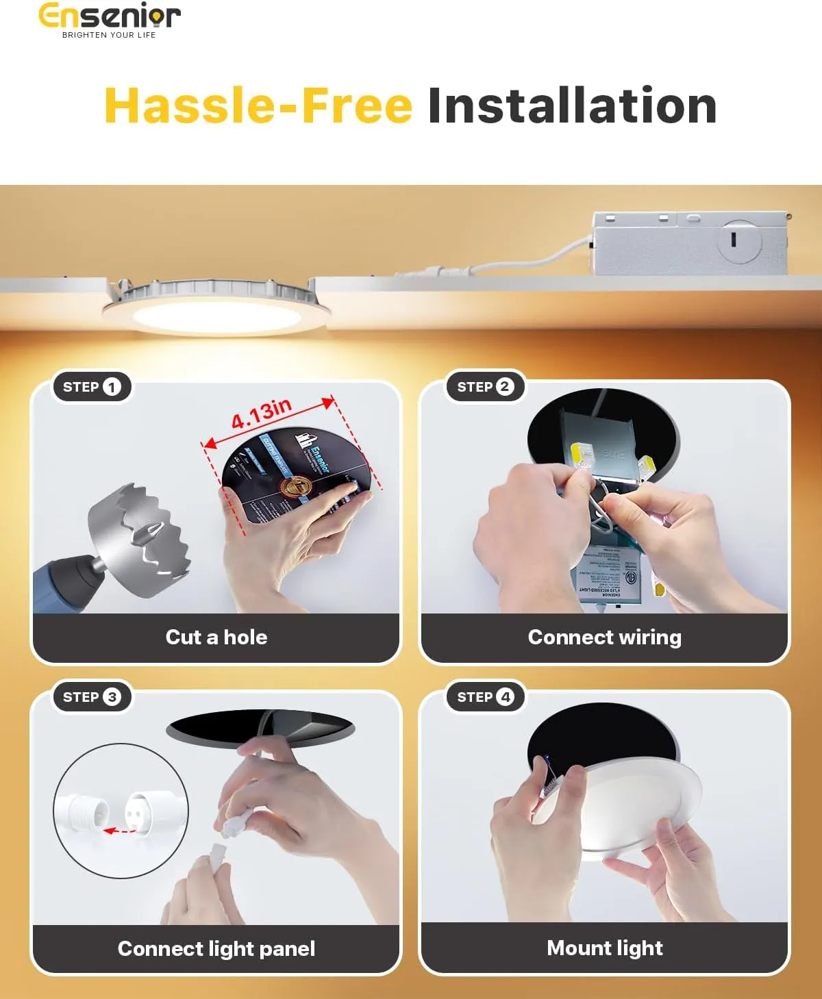 Ensenior 6 Pack 4 Inch LED Recessed Light, Dimmable, 4000K Cool White, 750LM High Brightness, 9W 120V, Damp Rated, Ultra-Thin Canless Wafer Ceiling Light - ETL & FCC & IC