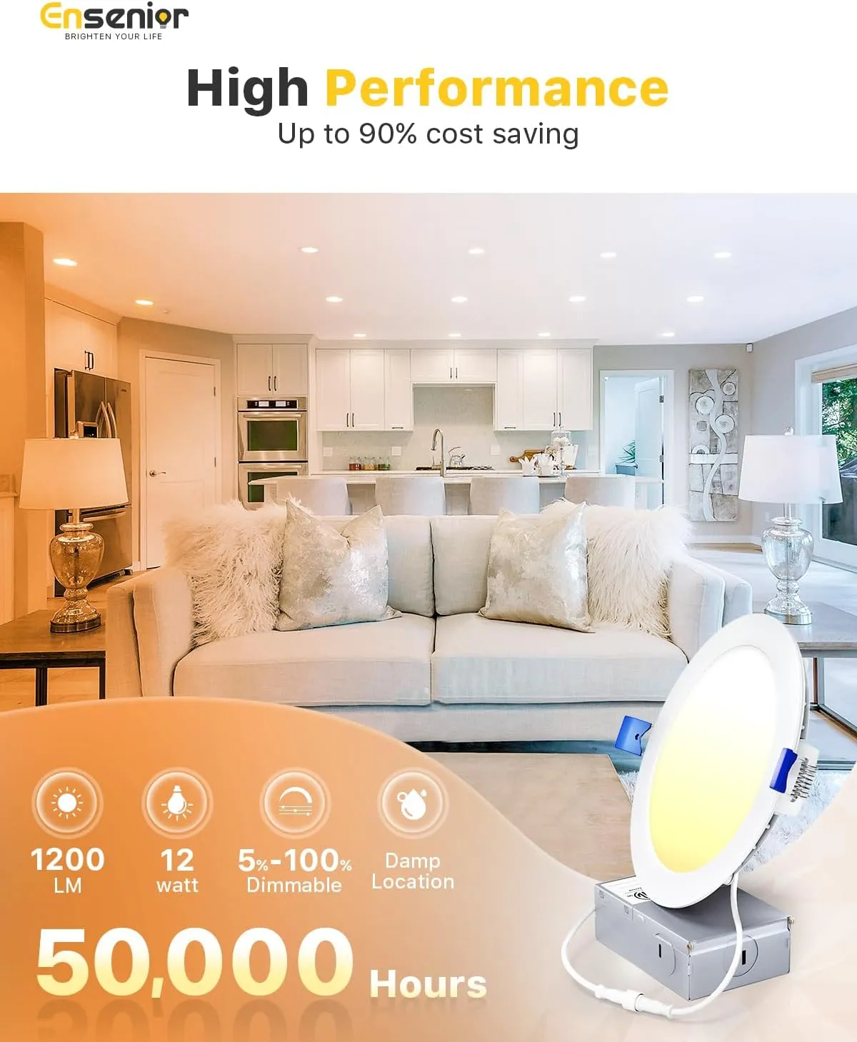 Ensenior 6 Pack 6 Inch LED Recessed Light, Dimmable, 5000K Daylight, 1050LM High Brightness, 12W 120V, Damp Rated, Ultra-Thin Canless Wafer Ceiling Light - ETL & FCC & IC