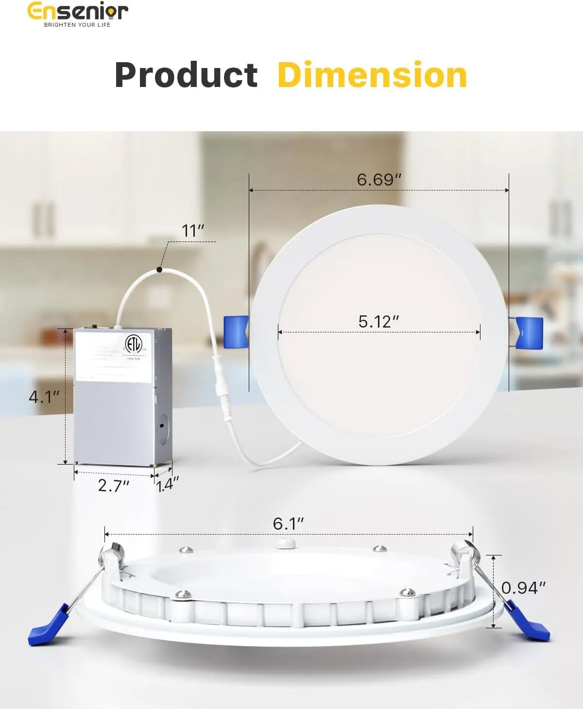 Ensenior 6 Pack 6 Inch LED Recessed Light, Dimmable, 5000K Daylight, 1050LM High Brightness, 12W 120V, Damp Rated, Ultra-Thin Canless Wafer Ceiling Light - ETL & FCC & IC