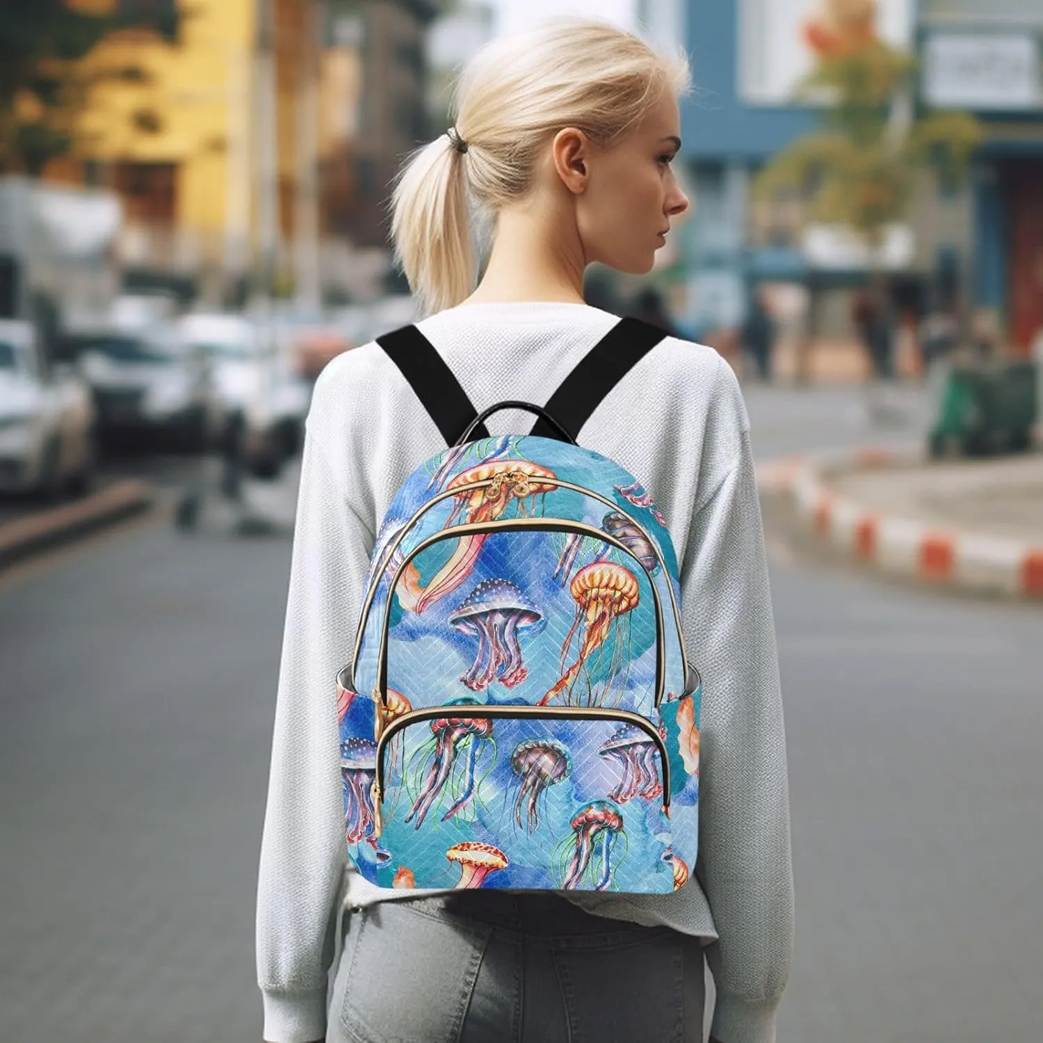 Exnundod Backpack Purse for Women Watercolor Jellyfish, Mini Fashion Backpack Algae Sea Lightweight Casual Daypack Shoulder Bag Travel Backpack, Medium