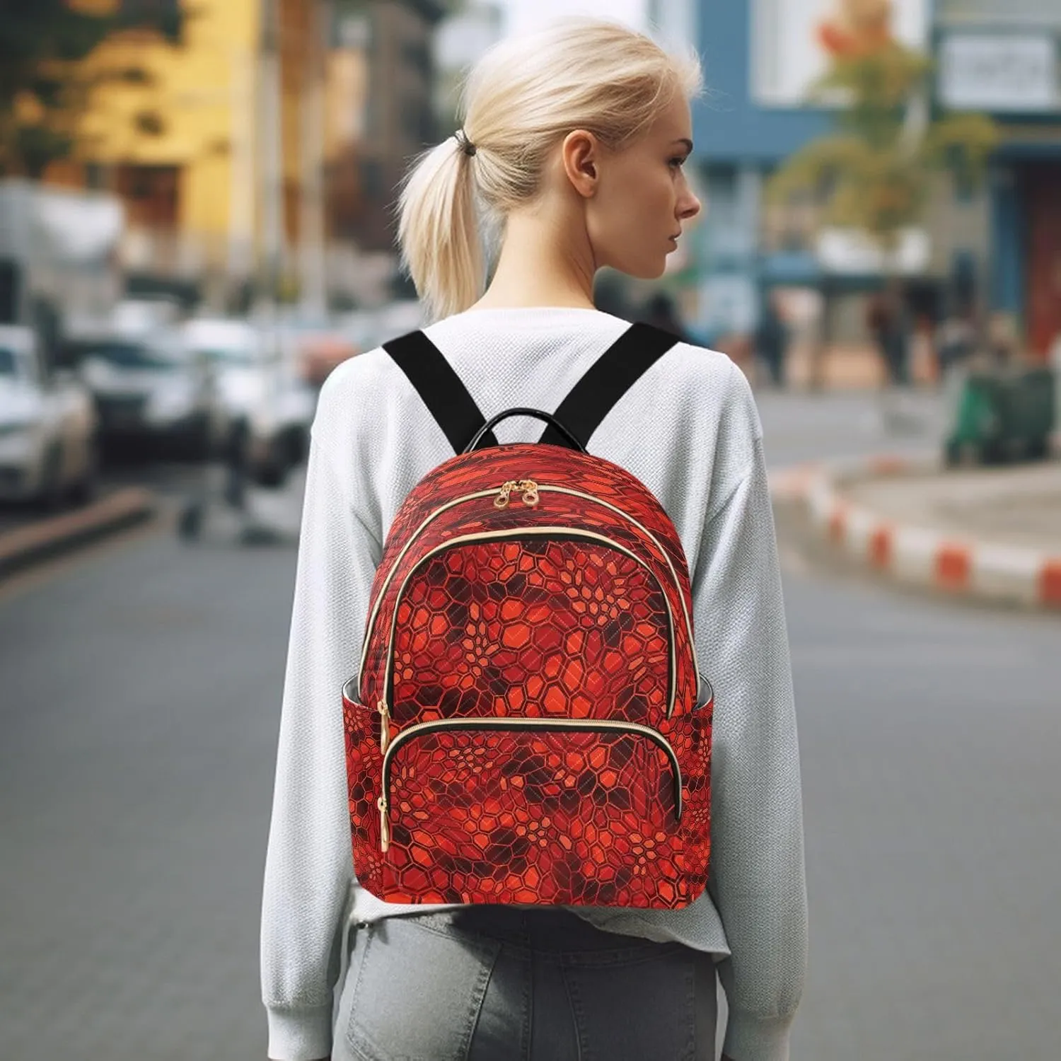 Exnundod Small Backpack for Women Hexagonal Red Camouflage Backpack Purse Travel Daypack Lightweight Mini Backpack