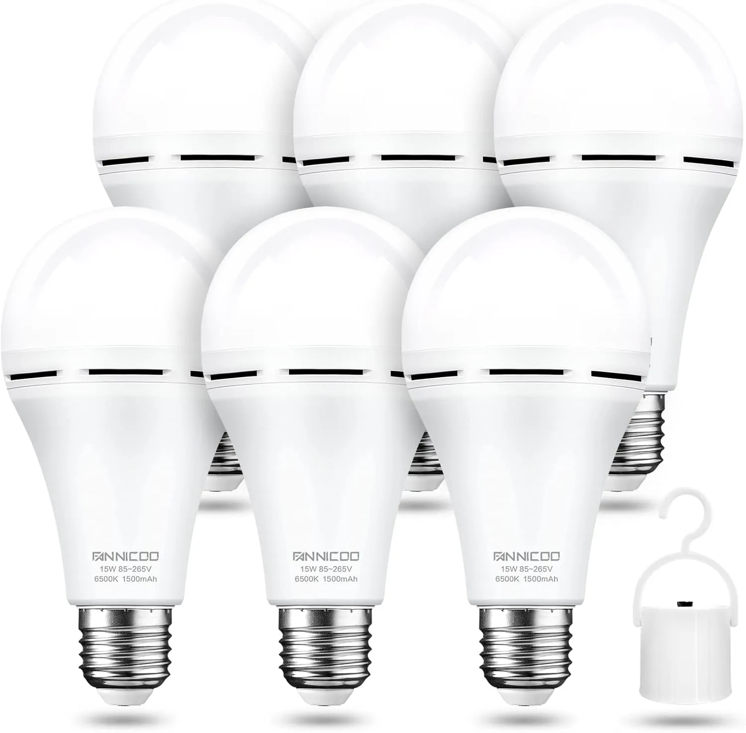 FanNicoo Rechargeable Emergency Light Bulbs with 1500mAh Battery Backup Stay Light up When Power Outage 15W 80W Equivalent LED Bulbs for Home Power Outage, Camping, Hurricane (6500k Daylight 6Pack)