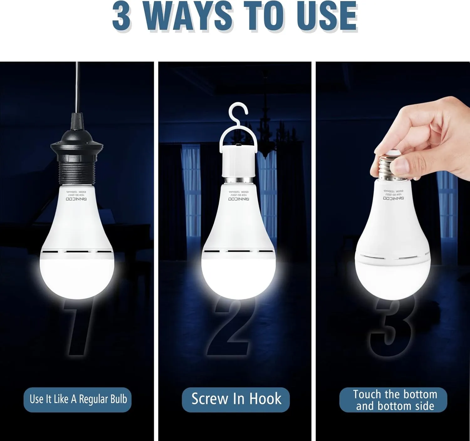 FanNicoo Rechargeable Emergency Light Bulbs with 1500mAh Battery Backup Stay Light up When Power Outage 15W 80W Equivalent LED Bulbs for Home Power Outage, Camping, Hurricane (6500k Daylight 6Pack)