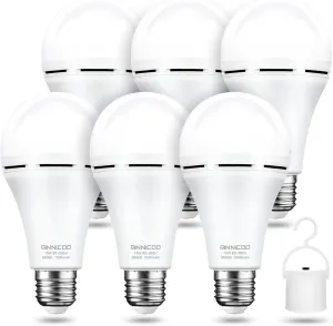 FanNicoo Rechargeable Emergency Light Bulbs with 1500mAh Battery Backup Stay Light up When Power Outage 15W 80W Equivalent LED Bulbs for Home Power Outage, Camping, Hurricane (6500k Daylight 6Pack)
