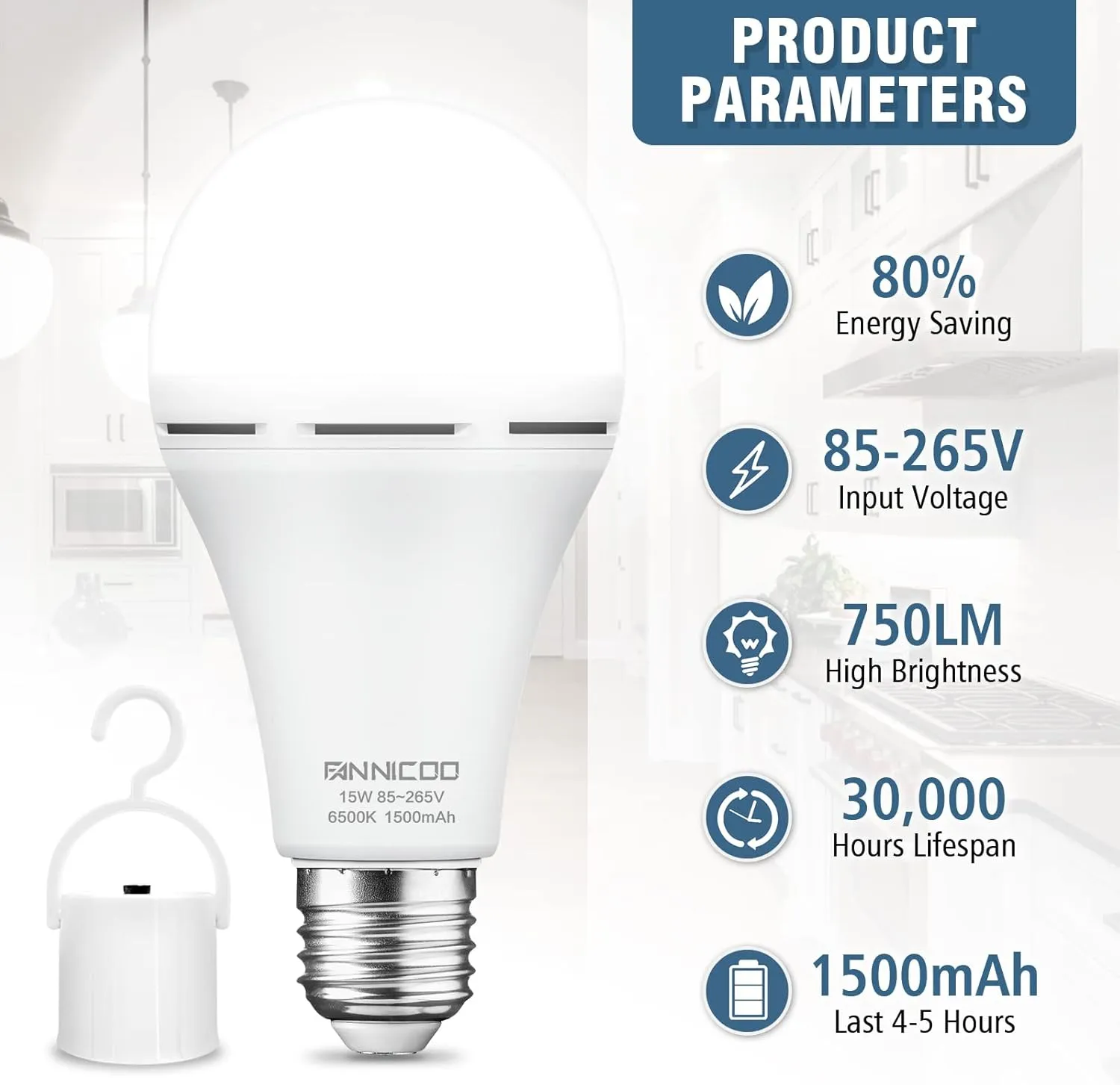 FanNicoo Rechargeable Emergency Light Bulbs with 1500mAh Battery Backup Stay Light up When Power Outage 15W 80W Equivalent LED Bulbs for Home Power Outage, Camping, Hurricane (6500k Daylight 6Pack)