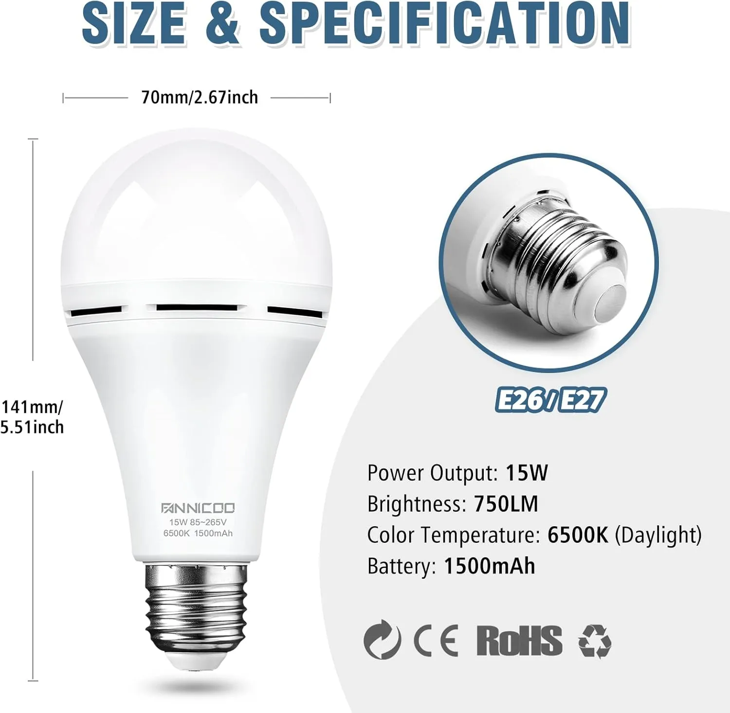 FanNicoo Rechargeable Emergency Light Bulbs with 1500mAh Battery Backup Stay Light up When Power Outage 15W 80W Equivalent LED Bulbs for Home Power Outage, Camping, Hurricane (6500k Daylight 6Pack)
