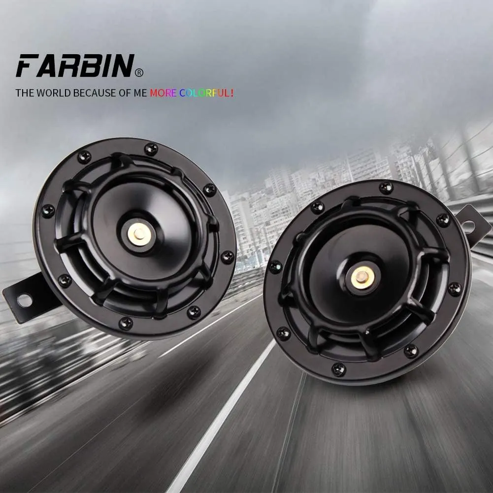 FARBIN Waterproof Car Horn Loud Super tone High Tone/Low Tone Metal Twin Horns Kit with Protective Grill (black horn with harness and bracket)