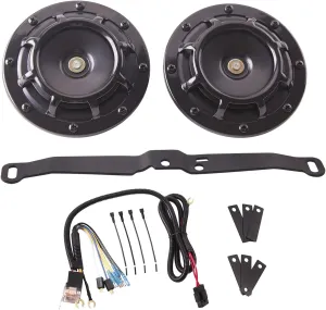 FARBIN Waterproof Car Horn Loud Super tone High Tone/Low Tone Metal Twin Horns Kit with Protective Grill (black horn with harness and bracket)