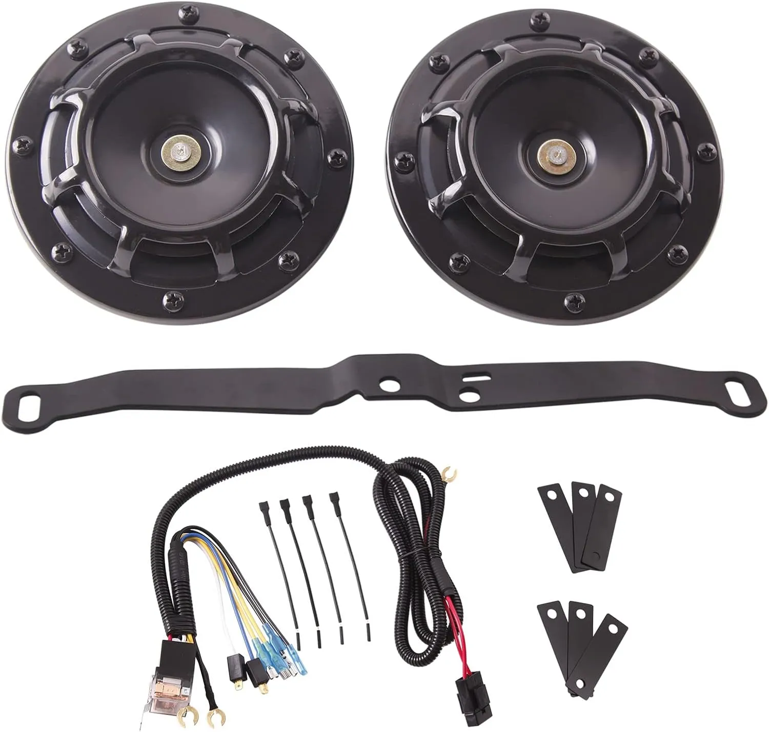 FARBIN Waterproof Car Horn Loud Super tone High Tone/Low Tone Metal Twin Horns Kit with Protective Grill (black horn with harness and bracket)