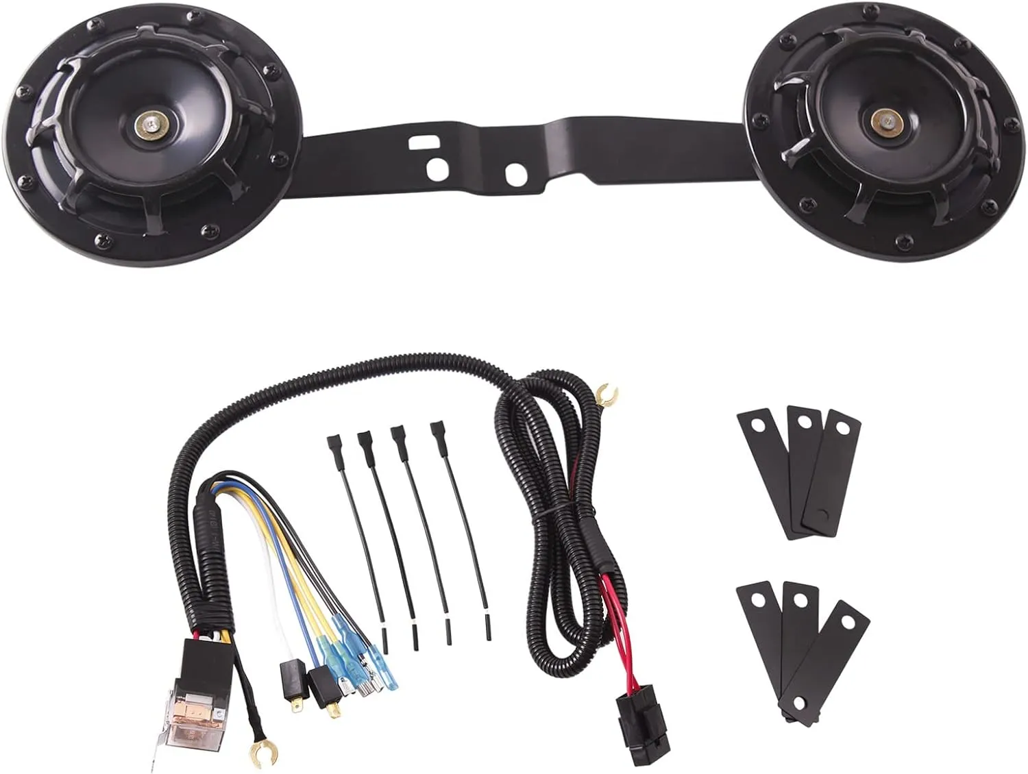 FARBIN Waterproof Car Horn Loud Super tone High Tone/Low Tone Metal Twin Horns Kit with Protective Grill (black horn with harness and bracket)