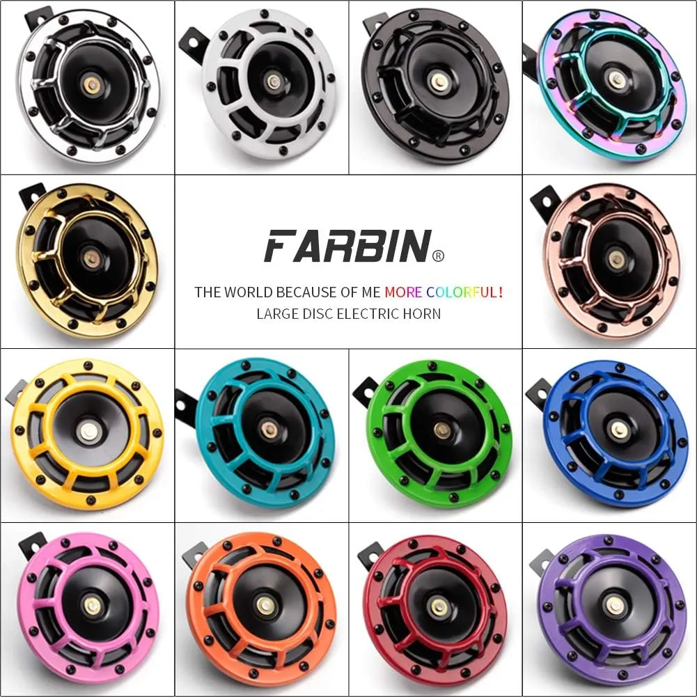 FARBIN Waterproof Car Horn Loud Super tone High Tone/Low Tone Metal Twin Horns Kit with Protective Grill (black horn with harness and bracket)