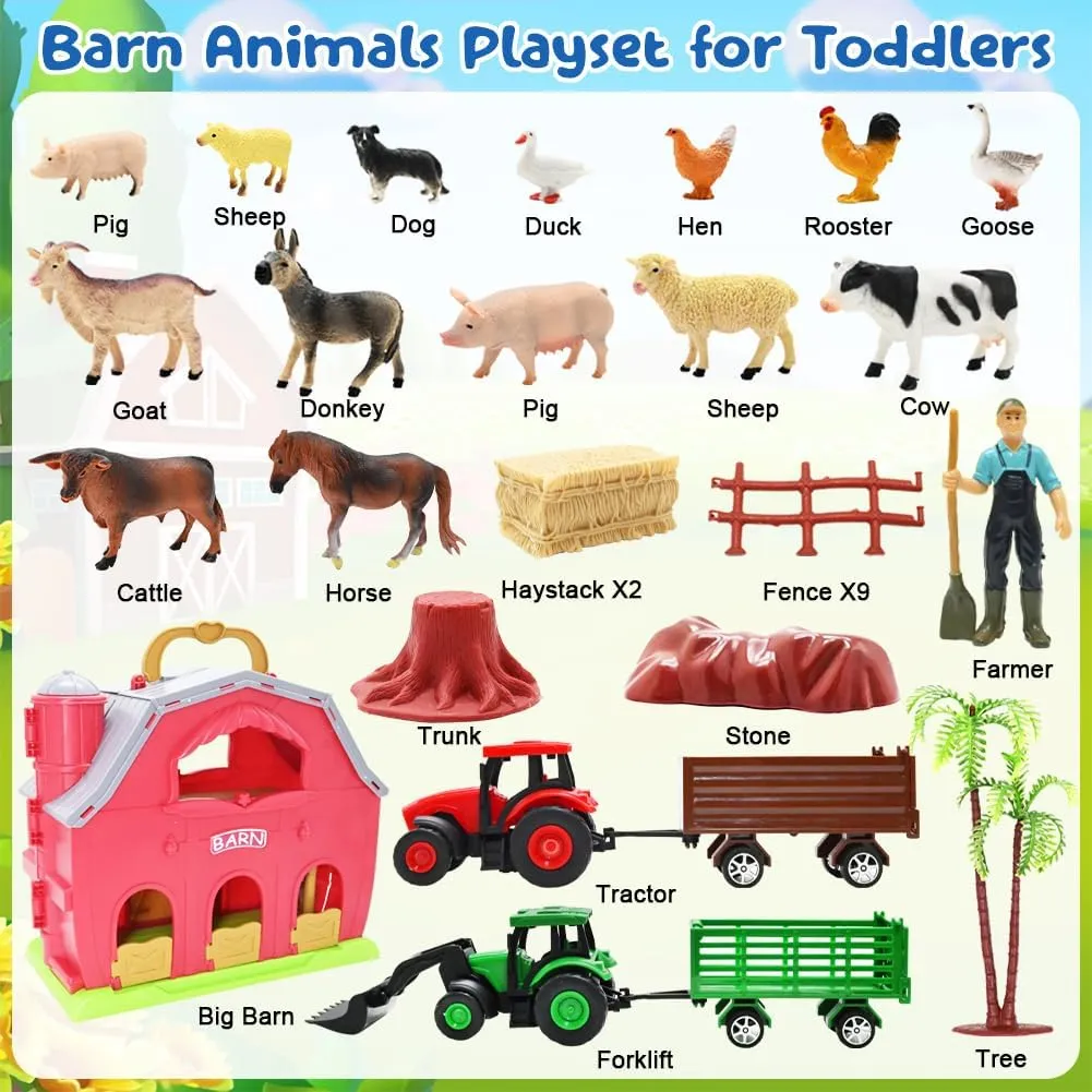 Farm Animals Big Red Barn Toy for 1 2 3 4 5 Years Old Toddlers, Kids Farm Figures Fence Playset with Tractor, Preschool Montessori Learning Toys, Christmas Birthday Easter Gift for Boys Girls