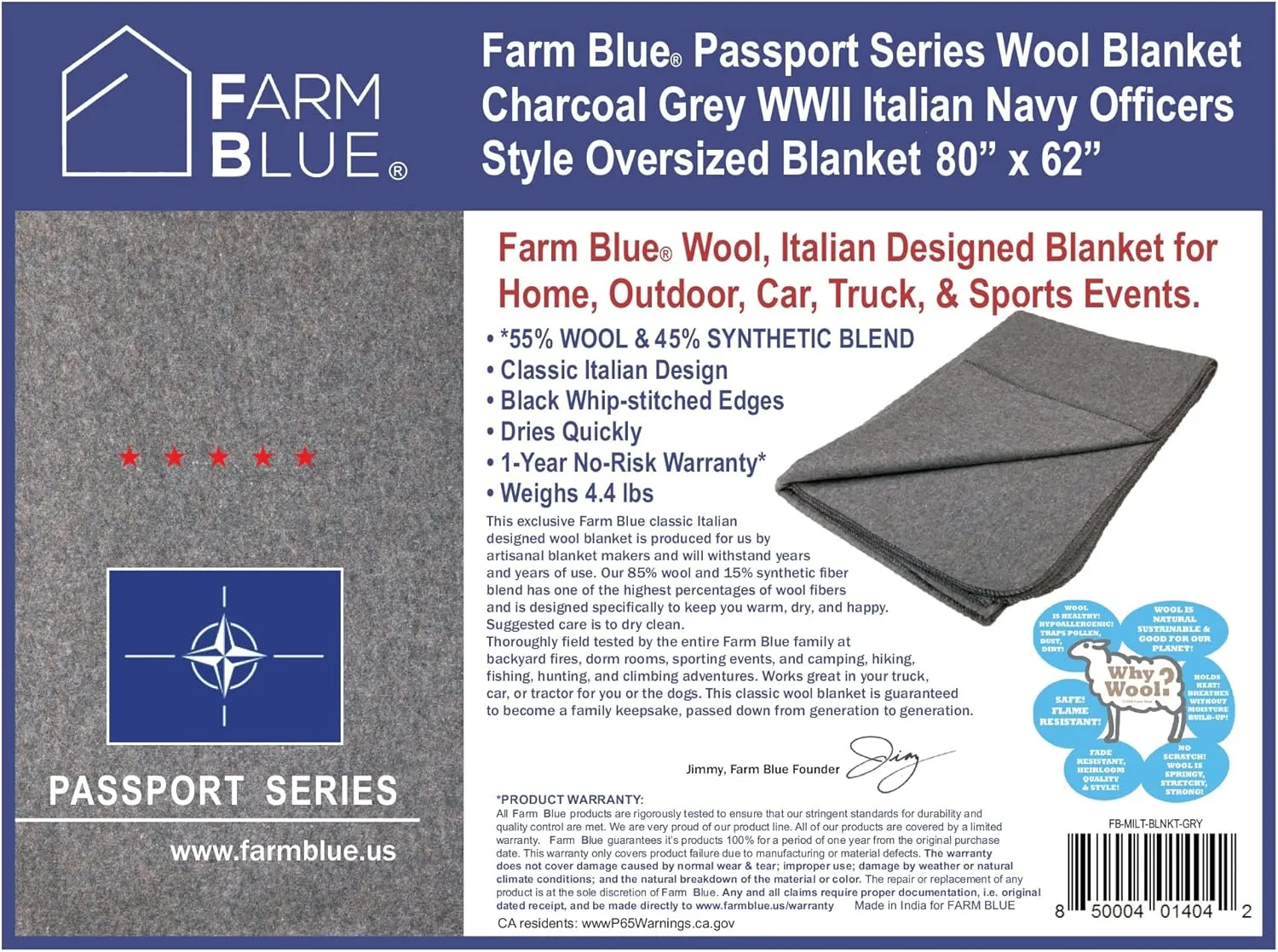 Farm Blue Wool Survival Emergency Blanket - Military Style 80” x 62” - Thick & Lightweight Army Camping - Large Camp Survival Blankets - Store in Car, Hiking, Backpacking & Festivals (Charcoal Grey)