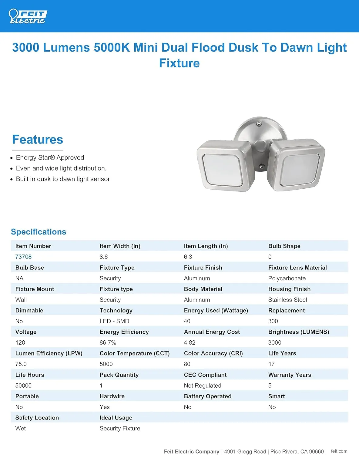 Feit Electric - 3000 Lumens Dusk to Dawn Mini Dual Flood LED Security Outdoor Light, 5000K CCT Daylight, Two Head Stainless Mini, 73708