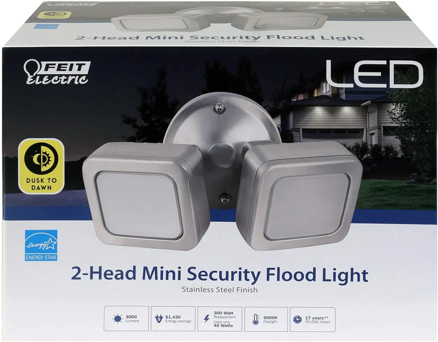 Feit Electric - 3000 Lumens Dusk to Dawn Mini Dual Flood LED Security Outdoor Light, 5000K CCT Daylight, Two Head Stainless Mini, 73708
