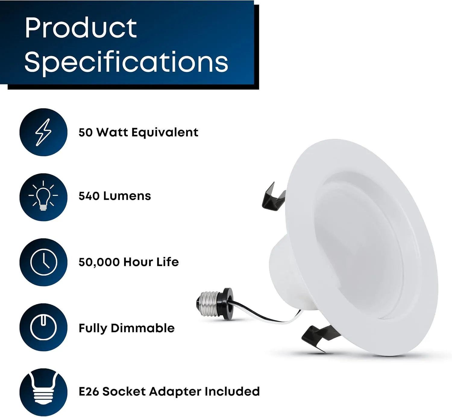 Feit Electric 4 inch LED Recessed Downlight - Baffle Trim - Standard E26 Adapter - 5000K Daylight - Dimmable- 50W Equivalent - 45 Year Life - 540 Lumen, 6-Pack, LEDR4B/950CA/MP/6