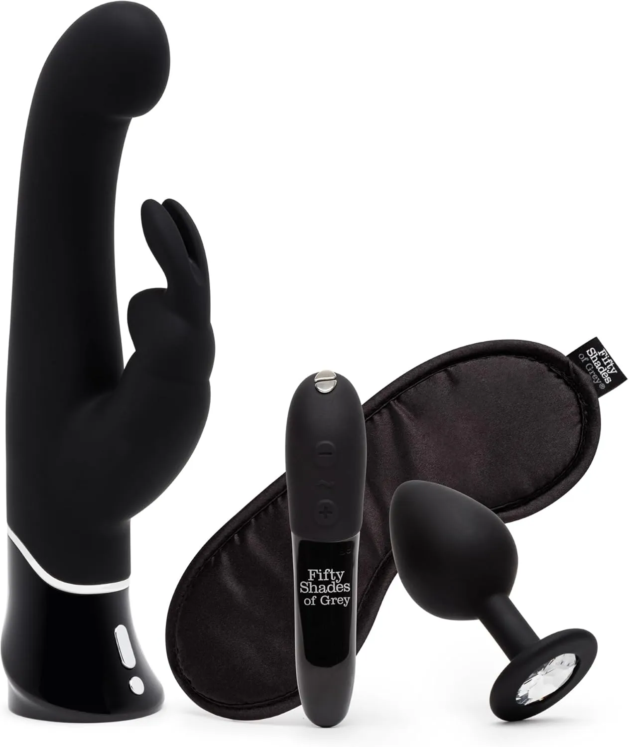Fifty Shades of Grey Come to Bed Kit with Butt Plug, Blindfold & We-Vibe Tango X Powerful Massage Bullet Vibrator and Greedy Girl Rabbit Vibrator - Couples Sex Toys Bundle
