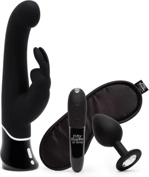 Fifty Shades of Grey Come to Bed Kit with Butt Plug, Blindfold & We-Vibe Tango X Powerful Massage Bullet Vibrator and Greedy Girl Rabbit Vibrator - Couples Sex Toys Bundle