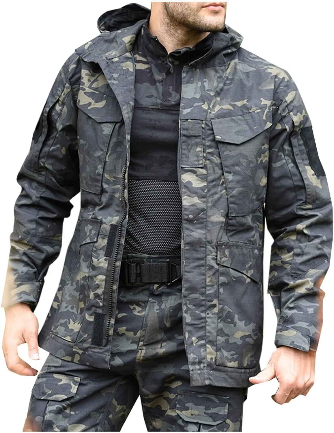 Finelylove Mens Military Tactical Jacket Waterproof Rain Jacket Warm Winter Raincoat Mountain Windbreaker with 6 Pockets