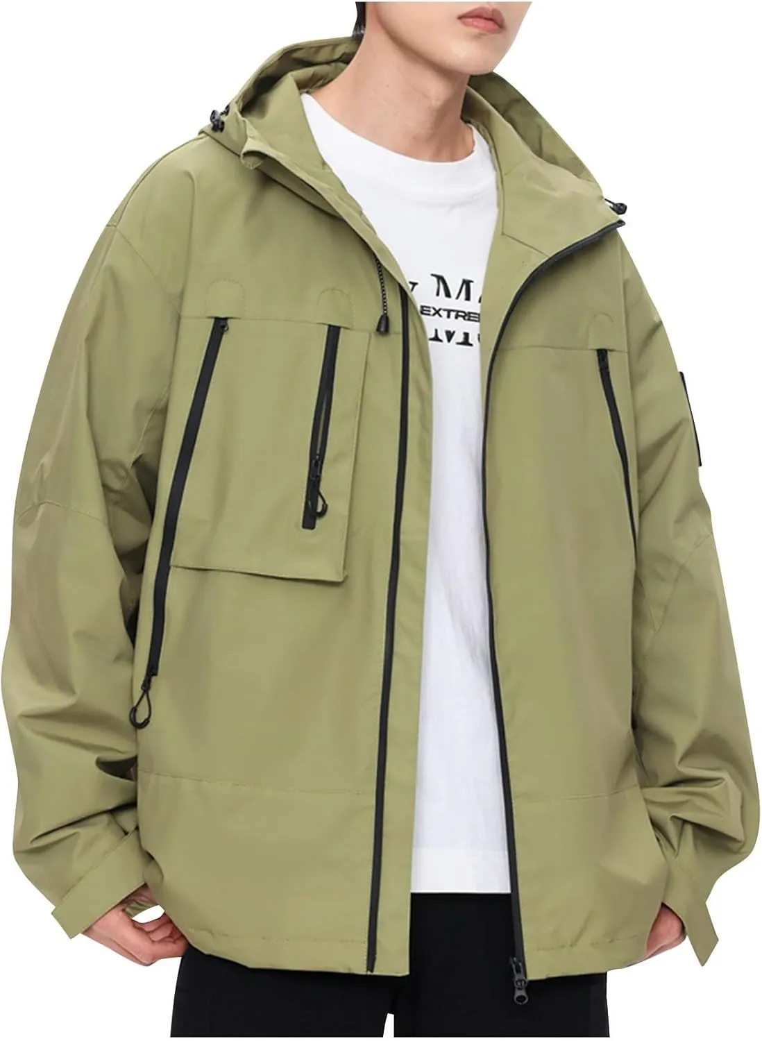 Finelylove Rain Jacket Men Waterproof Lightweight Outdoor Cargo Softshell Rain Coat Hooded Mountain Hiking Windbreaker