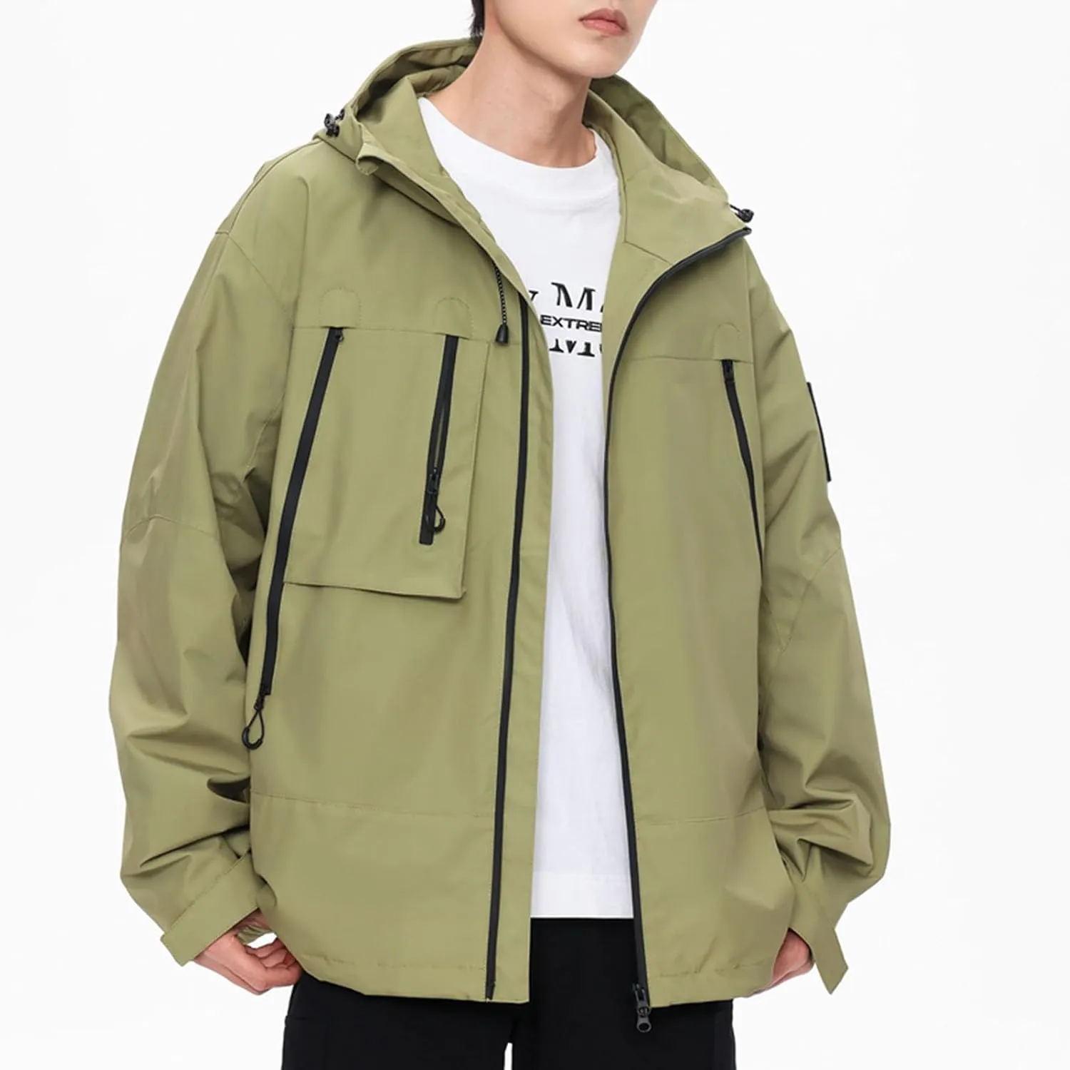 Finelylove Rain Jacket Men Waterproof Lightweight Outdoor Cargo Softshell Rain Coat Hooded Mountain Hiking Windbreaker