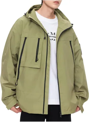Finelylove Rain Jacket Men Waterproof Lightweight Outdoor Cargo Softshell Rain Coat Hooded Mountain Hiking Windbreaker