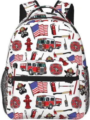 Firefighting Fire Trucks American Flag Backpack Lightweight Laptop Backpack Casual Daypack Travel Double Shoulder Bag For Women Men