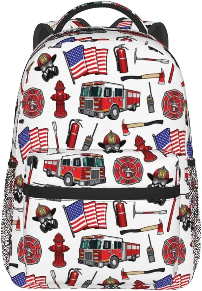 Firefighting Fire Trucks American Flag Backpack Lightweight Laptop Backpack Casual Daypack Travel Double Shoulder Bag For Women Men