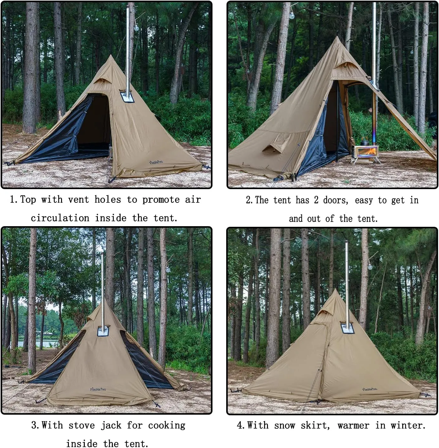FIREHIKING Camping Hot Tent 2-4 Person Teepee Tent with Stove Jack for Backpacking Hunting