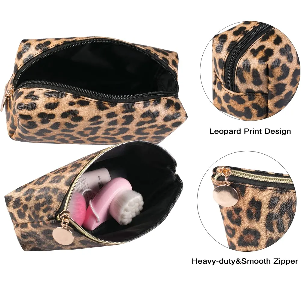 FITINI Leopard Makeup Bag 3 Pack Travel Toiletry Bag Portable Cheetah Printed Women Cosmetic Pouch Organizer with Zipper Waterproof Storage Case for Girls