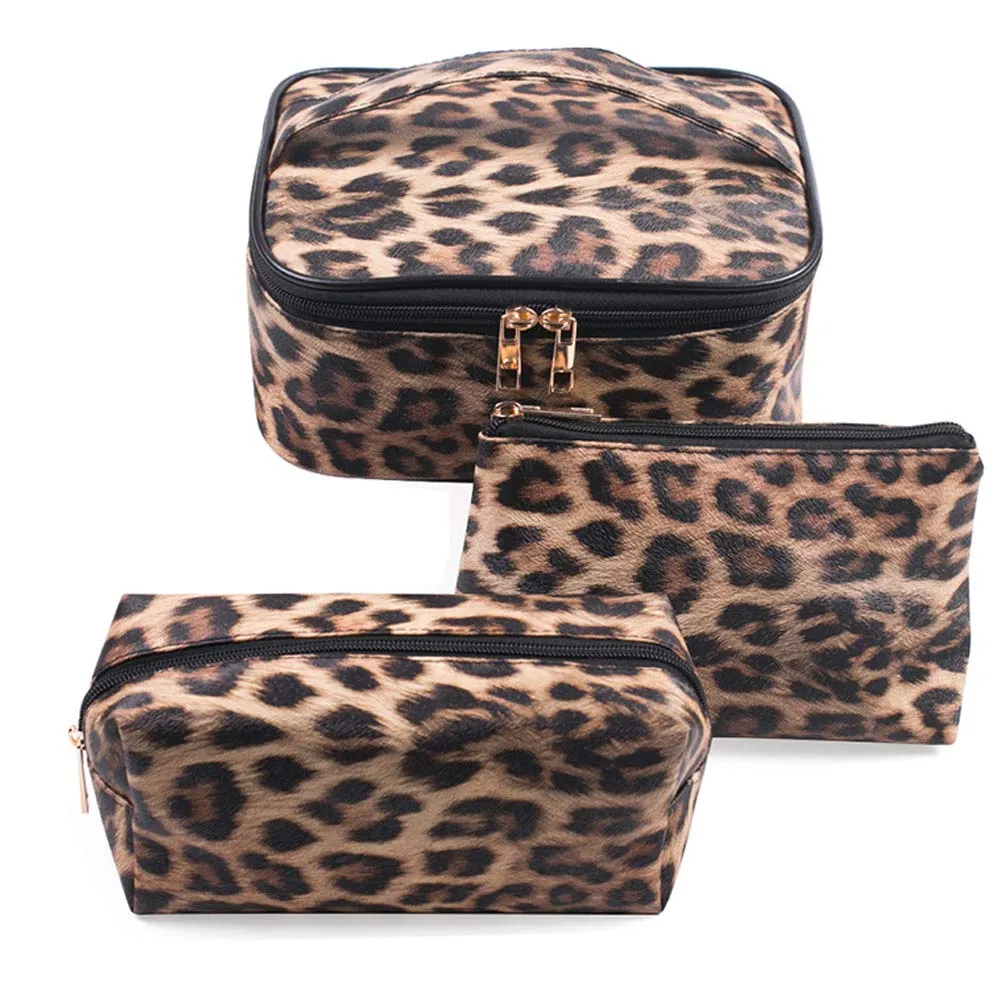 FITINI Leopard Makeup Bag 3 Pack Travel Toiletry Bag Portable Cheetah Printed Women Cosmetic Pouch Organizer with Zipper Waterproof Storage Case for Girls