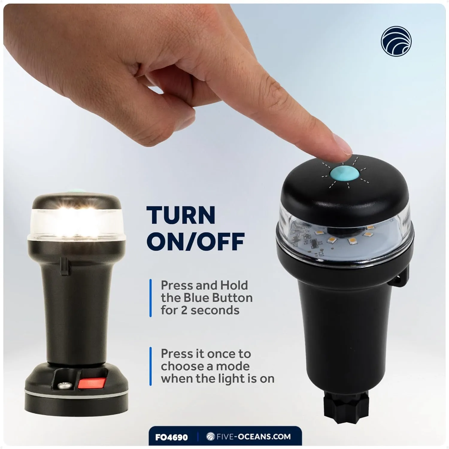 Five Oceans Portable Anchor Light - Stern Lights for Boats, LED Anchor Light and Signal Flashlight Function, 2-Option Base Installation for Inflatable Boat, Small Tender, Canoe, Kayak - FO4690