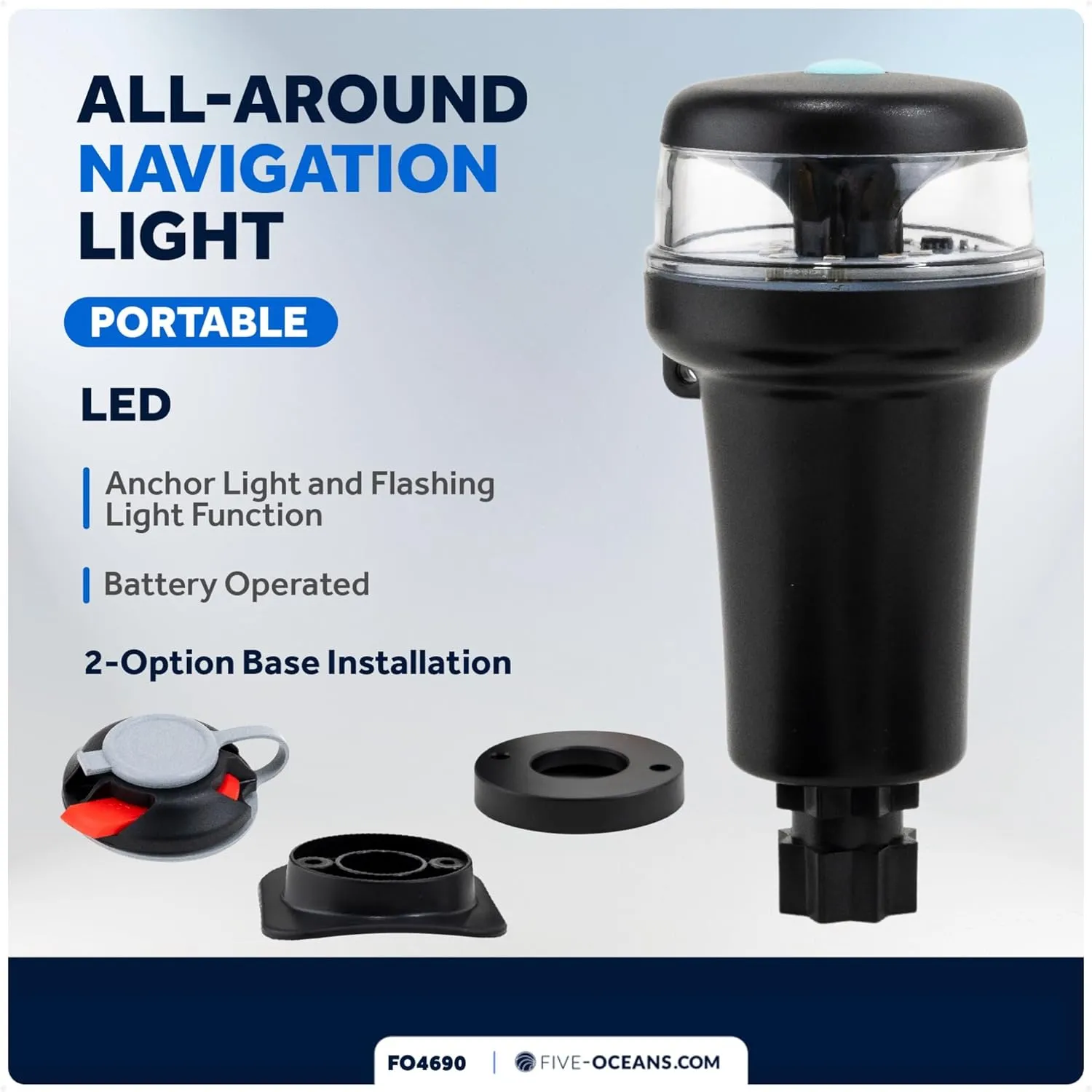 Five Oceans Portable Anchor Light - Stern Lights for Boats, LED Anchor Light and Signal Flashlight Function, 2-Option Base Installation for Inflatable Boat, Small Tender, Canoe, Kayak - FO4690