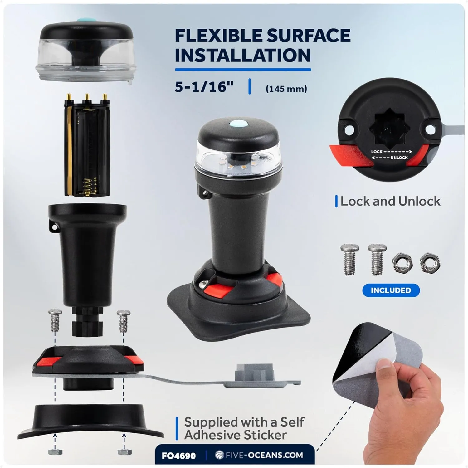 Five Oceans Portable Anchor Light - Stern Lights for Boats, LED Anchor Light and Signal Flashlight Function, 2-Option Base Installation for Inflatable Boat, Small Tender, Canoe, Kayak - FO4690