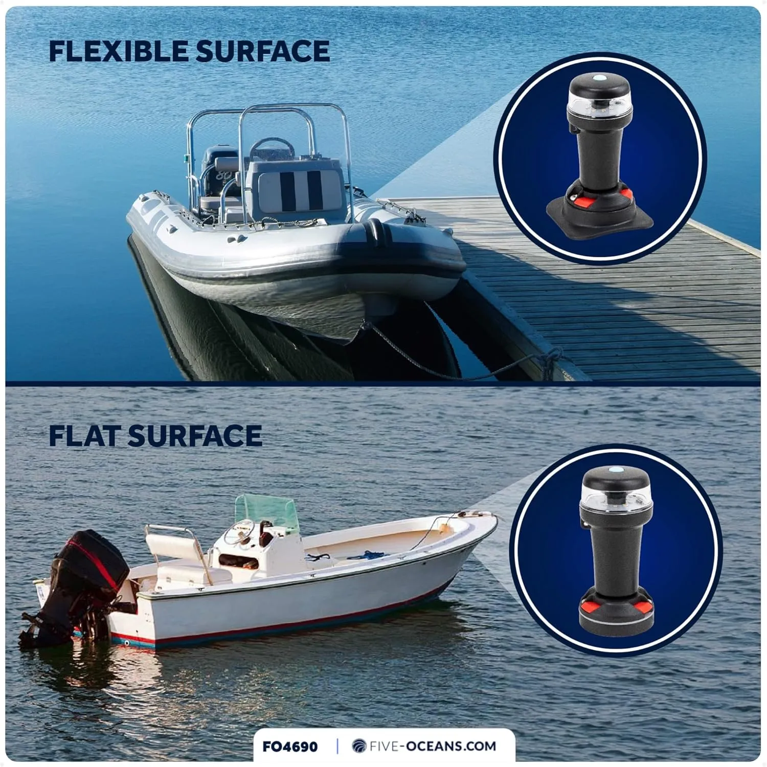 Five Oceans Portable Anchor Light - Stern Lights for Boats, LED Anchor Light and Signal Flashlight Function, 2-Option Base Installation for Inflatable Boat, Small Tender, Canoe, Kayak - FO4690