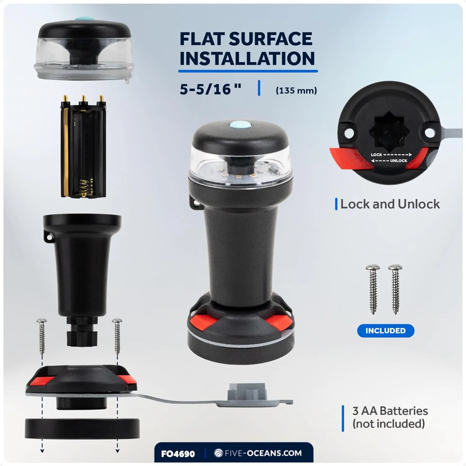 Five Oceans Portable Anchor Light - Stern Lights for Boats, LED Anchor Light and Signal Flashlight Function, 2-Option Base Installation for Inflatable Boat, Small Tender, Canoe, Kayak - FO4690