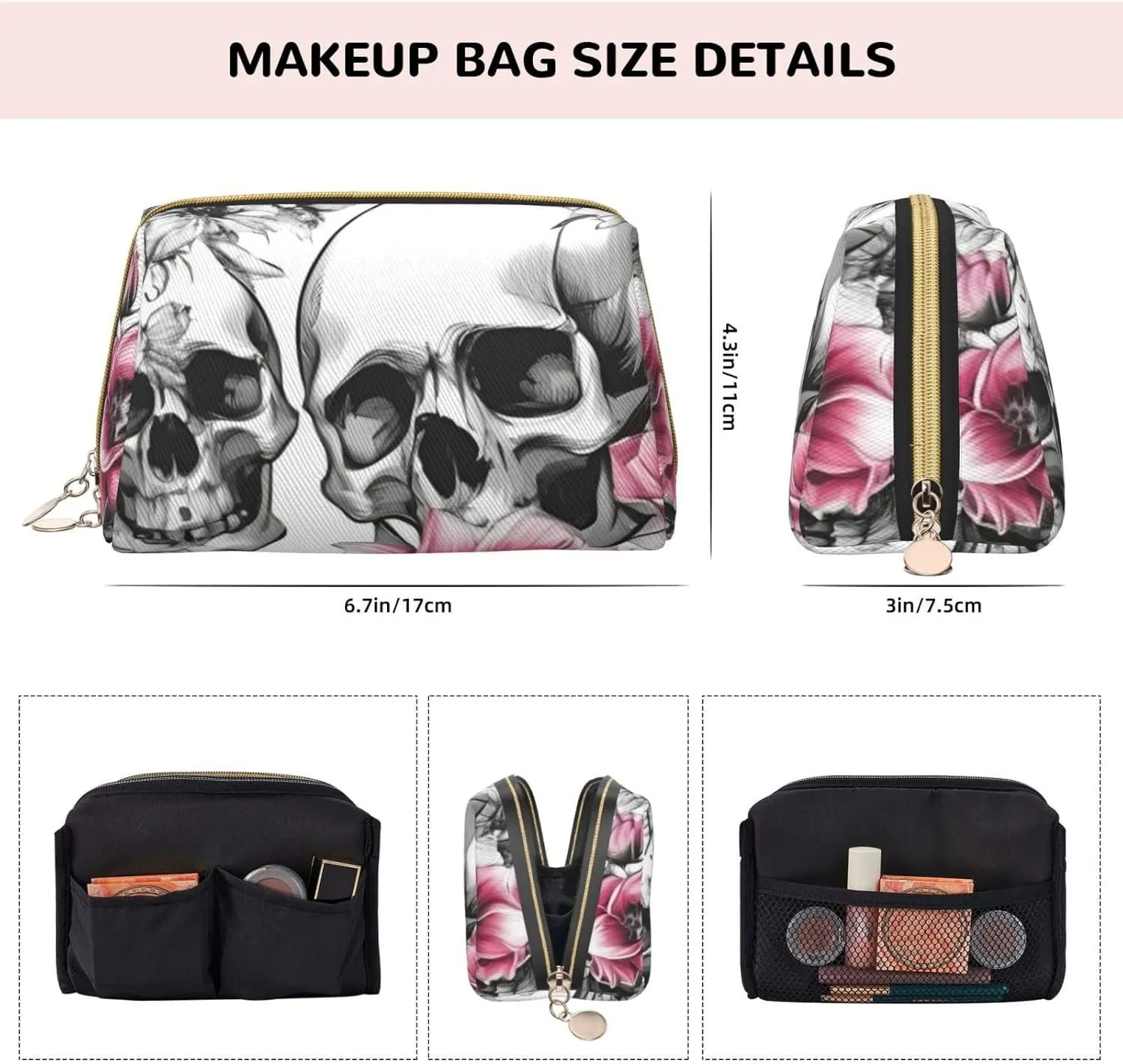 Floral Skull Toiletry Pouch, Travel-Friendly Makeup Organizer For Makeup Brushes, Lipsticks