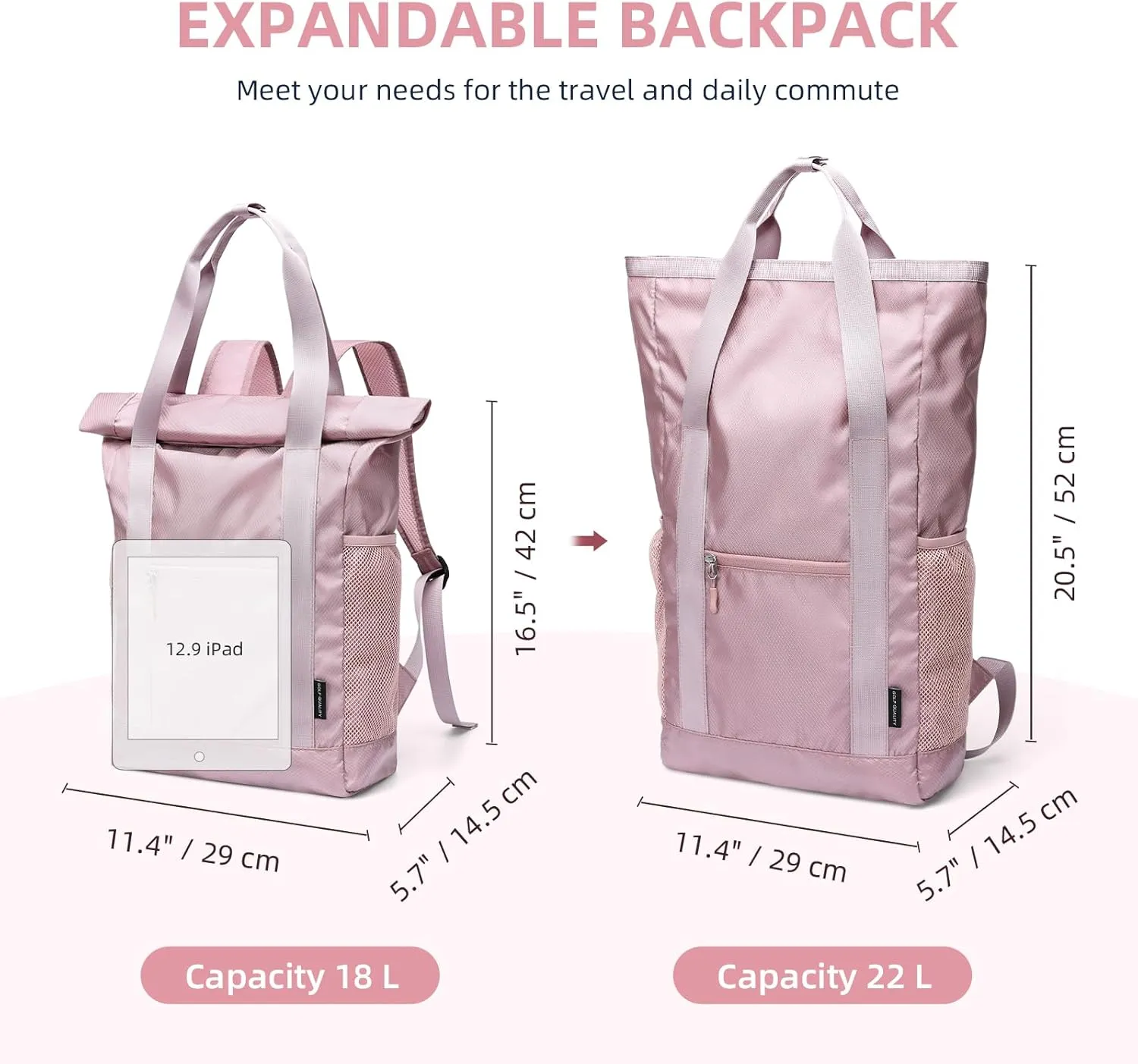 Foldable Convertible Tote Backpack Lightweight Versatile Nylon Daypack for Women Work Leisure Travel,Berry Pink