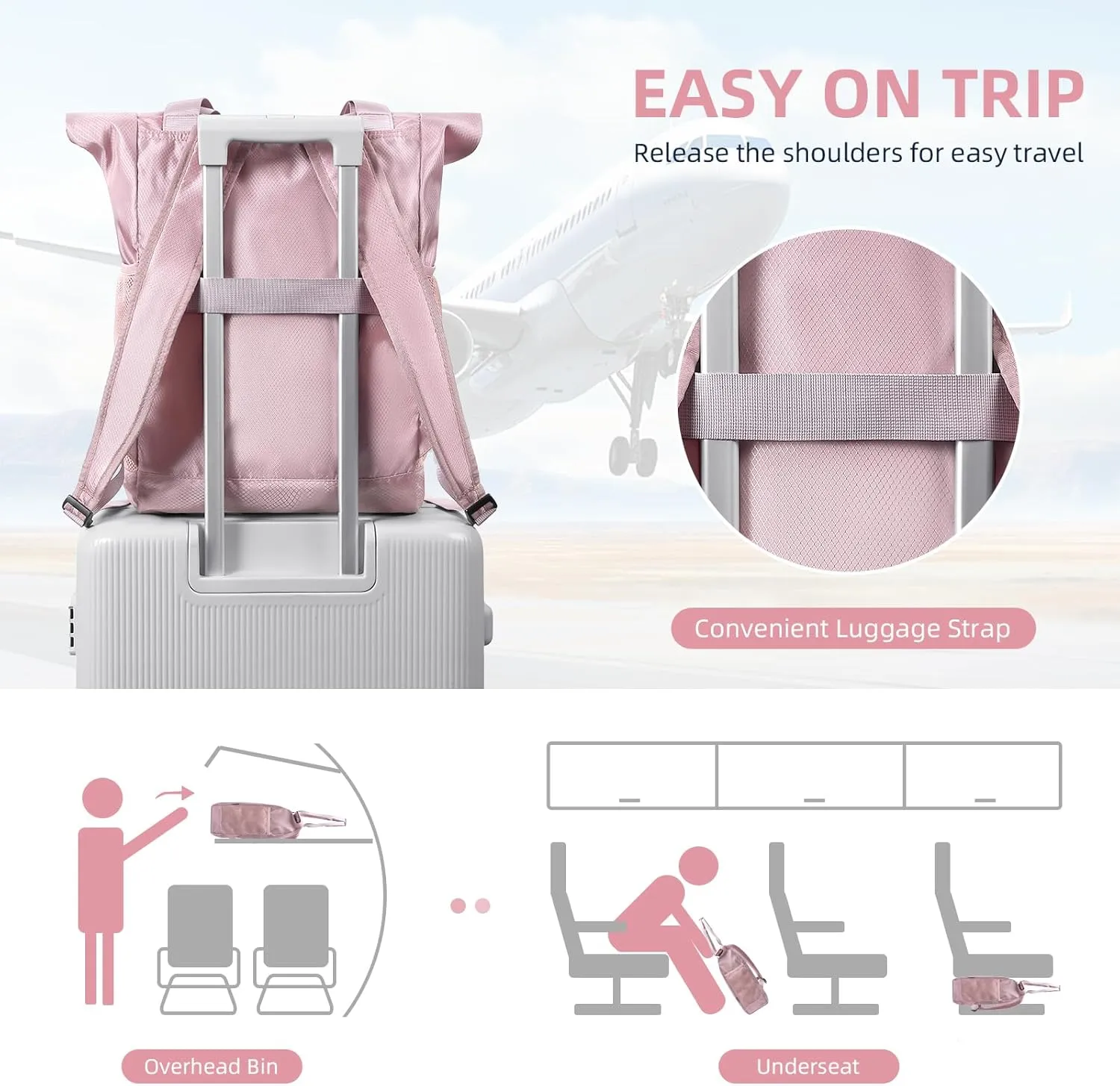 Foldable Convertible Tote Backpack Lightweight Versatile Nylon Daypack for Women Work Leisure Travel,Berry Pink