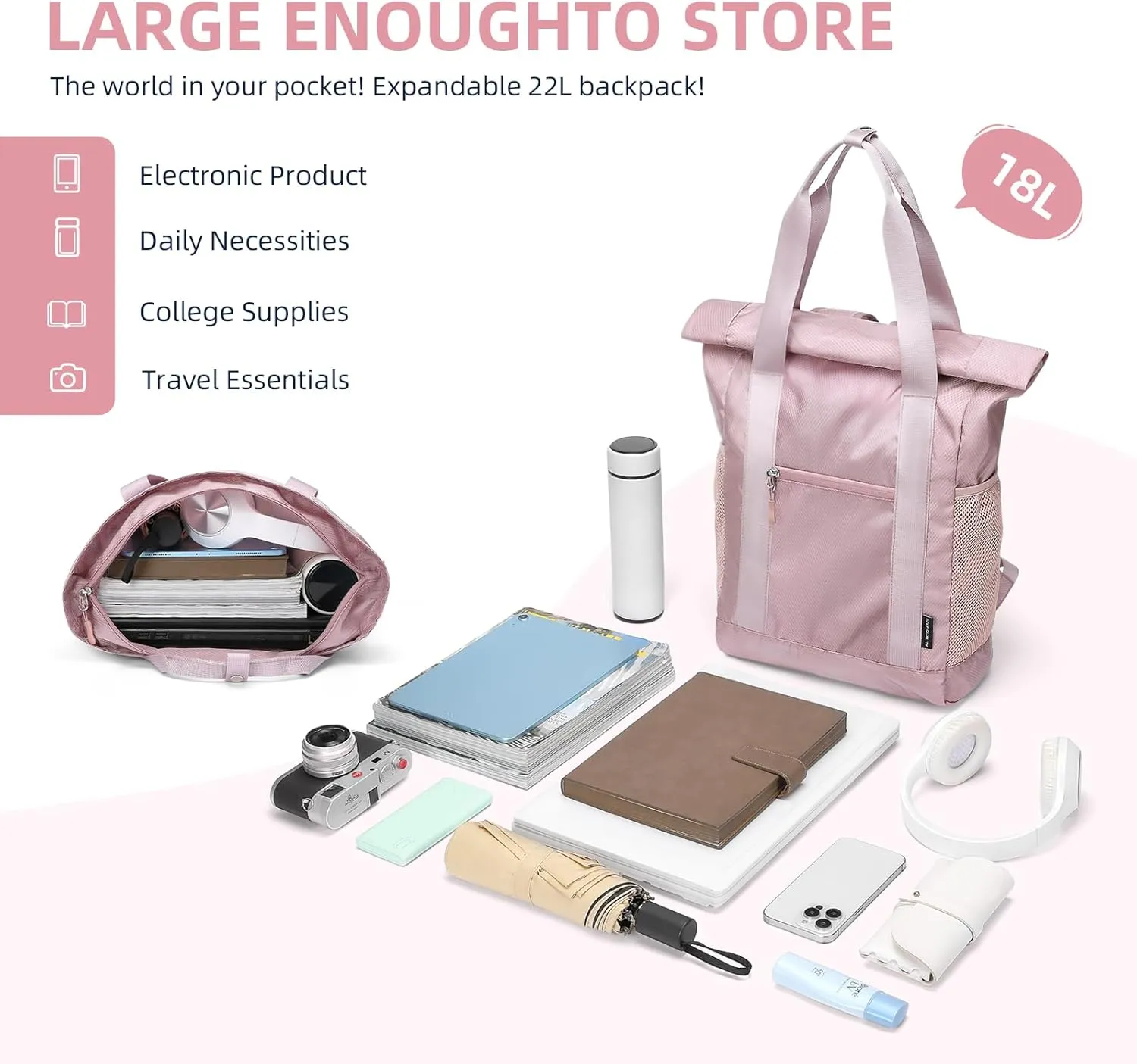 Foldable Convertible Tote Backpack Lightweight Versatile Nylon Daypack for Women Work Leisure Travel,Berry Pink